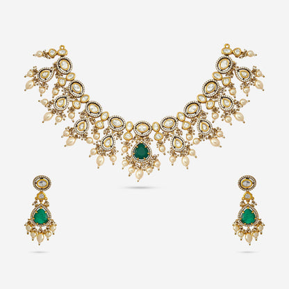 Kundan Polki Necklace Color Green Polish Gold
