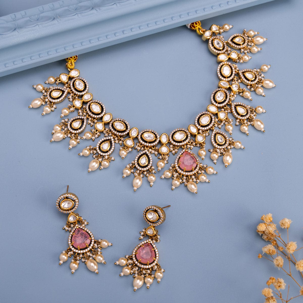 Kundan Polki Necklace Color Green Polish Gold