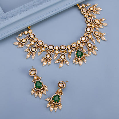 Kundan Polki Necklace Color Green Polish Gold