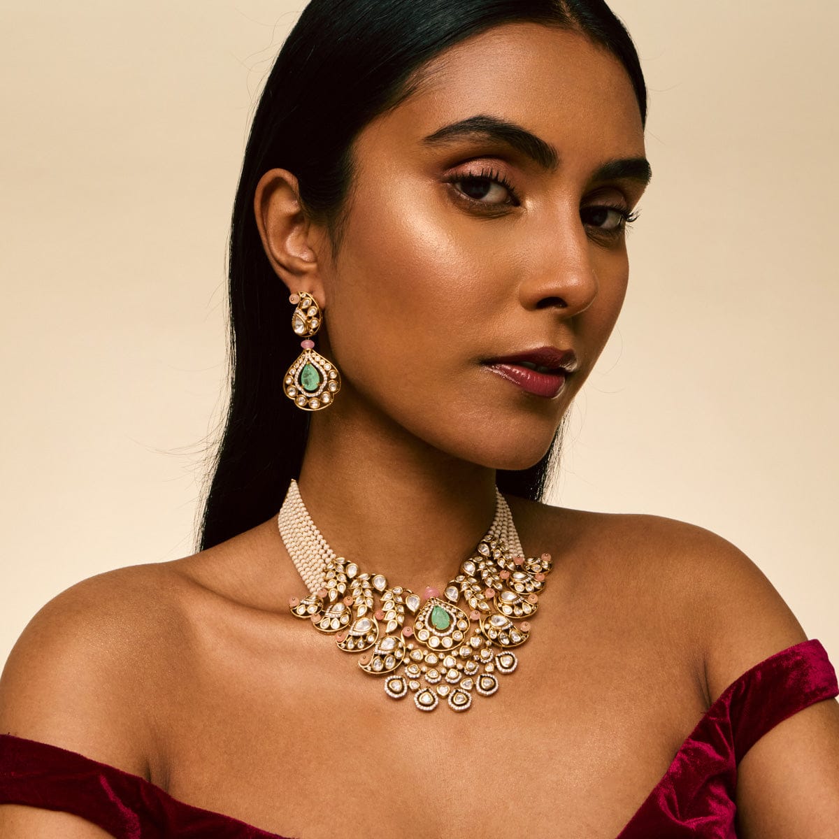 Kundan Polki Necklace Color Pink-Mint Polish Gold