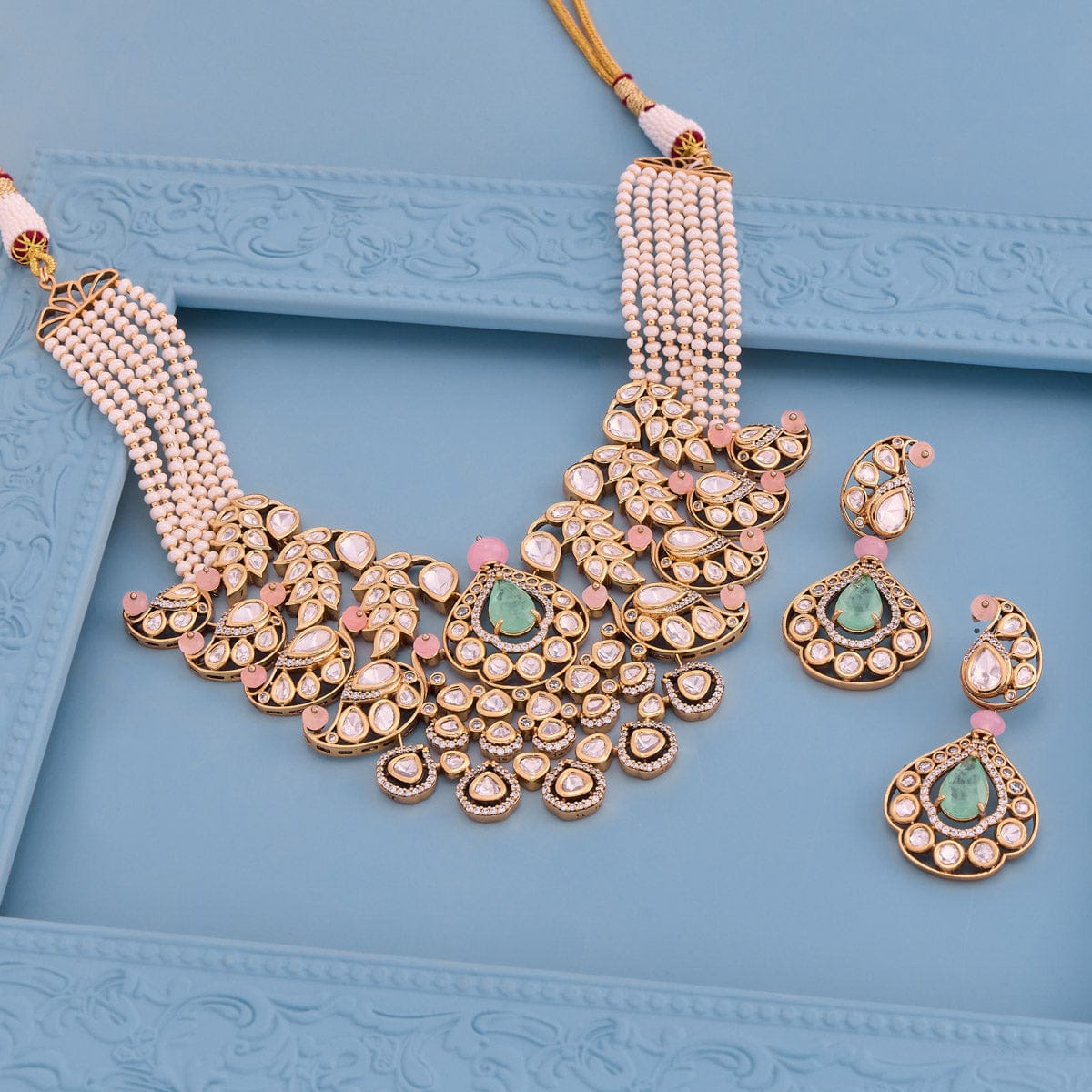 Kundan Polki Necklace Color Pink-Mint Polish Gold
