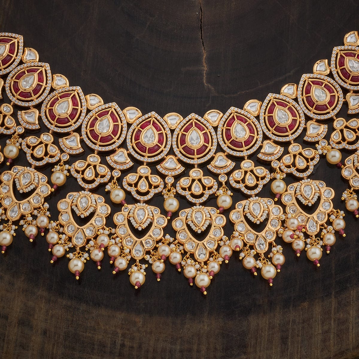 Kundan Polki Necklace Color Ruby Polish Gold