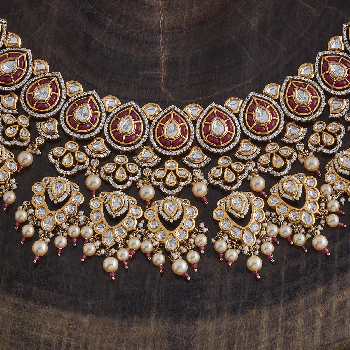 Kundan Polki Necklace Color Ruby Polish Gold