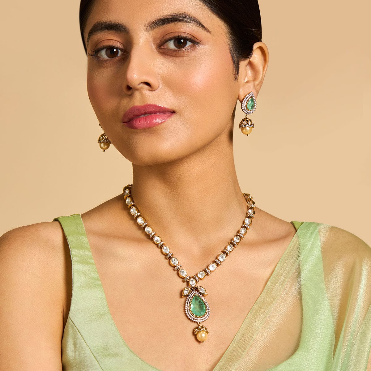 Kundan Polki Necklace Color Green Polish Victorian