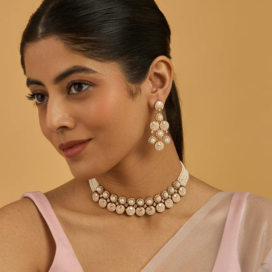 Kundan Polki Necklace Color White Meena Polish Ivory-Green