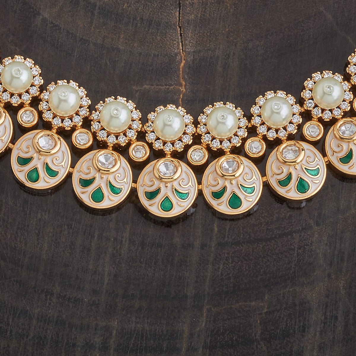 Kundan Polki Necklace Color White Meena Polish Ivory-Green