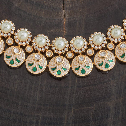 Kundan Polki Necklace Color White Meena Polish Ivory-Green