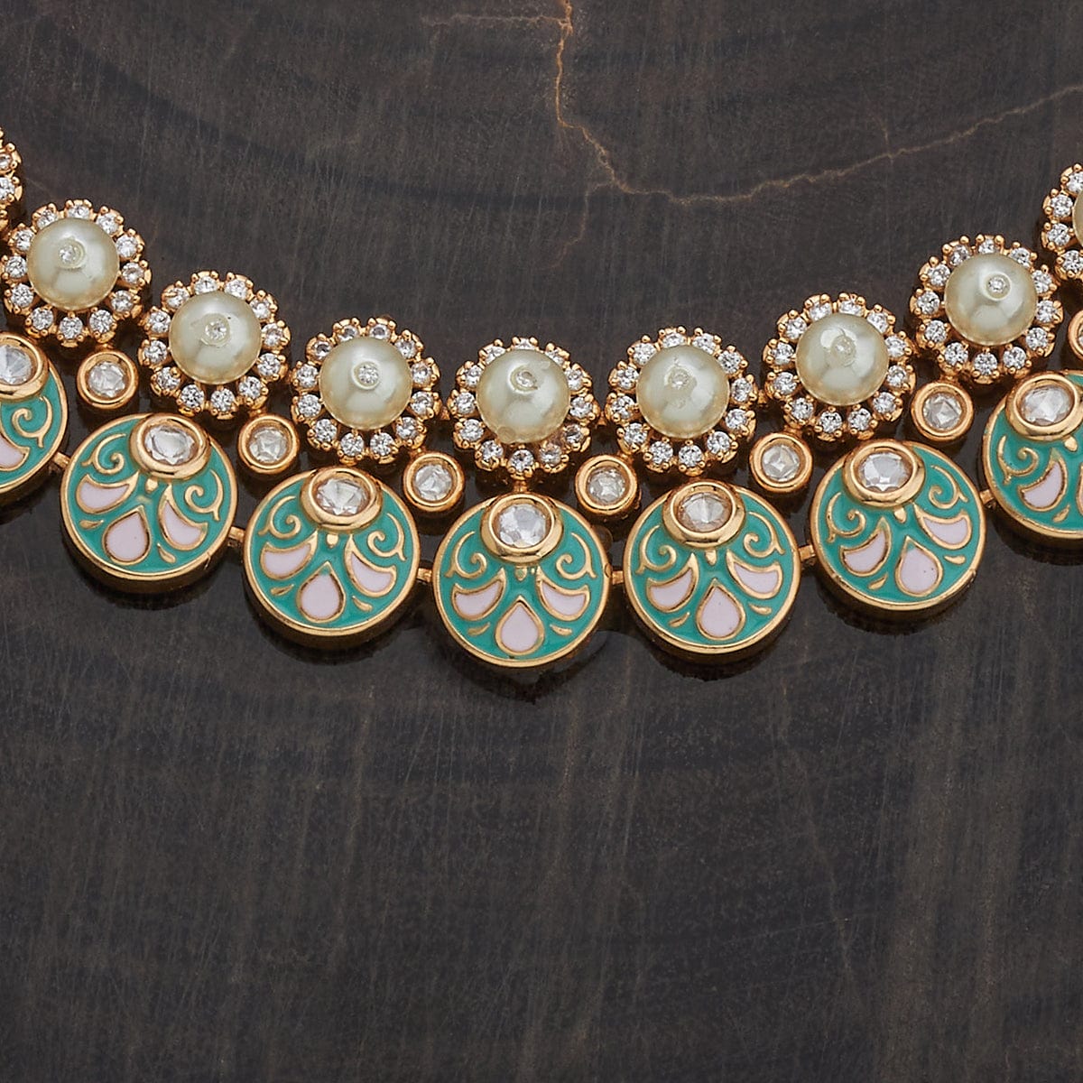 Kundan Polki Necklace Color White Meena Polish Ivory-Green