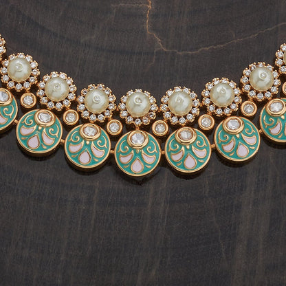 Kundan Polki Necklace Color White Meena Polish Ivory-Green
