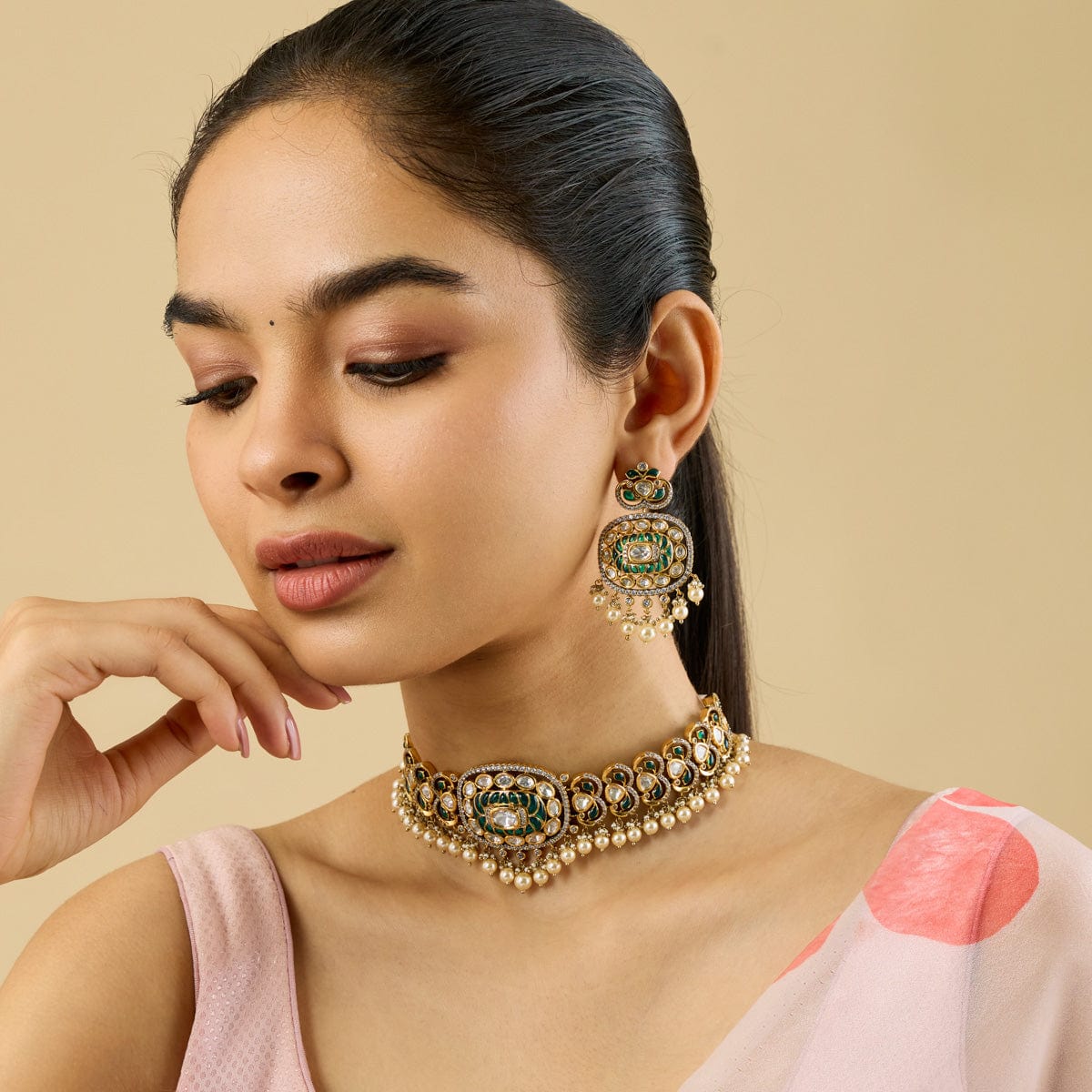 Kundan Polki Necklace Color Green Polish Victorian