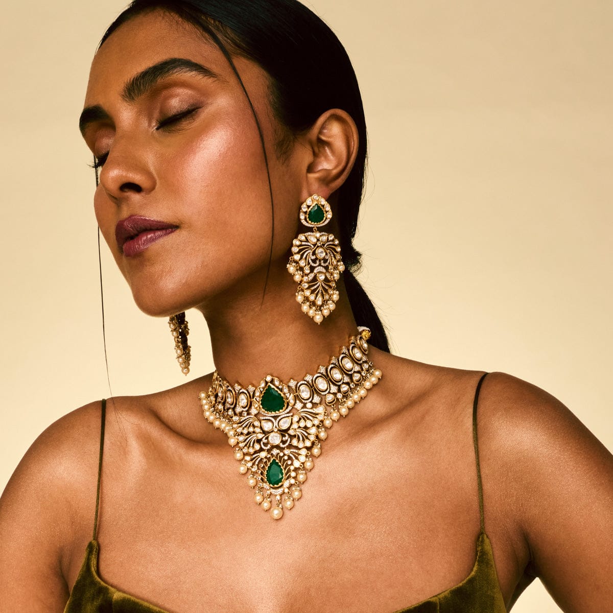 Kundan Polki Necklace Color Green Polish Victorian