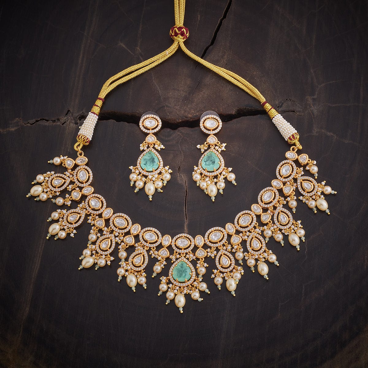 Kundan Polki Necklace Color Green Polish Gold