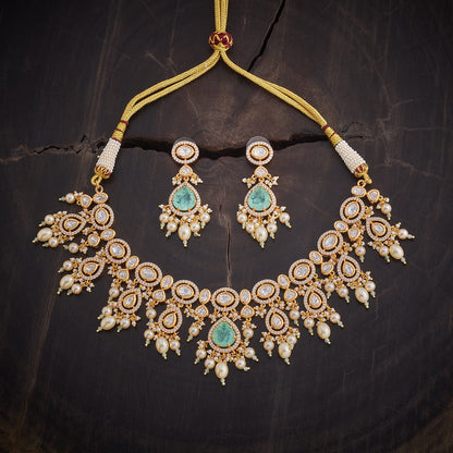 Kundan Polki Necklace Color Green Polish Gold
