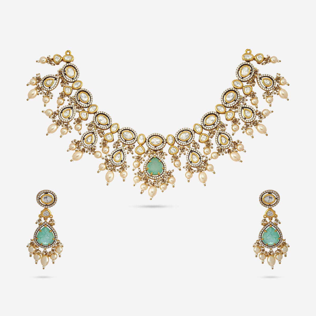 Kundan Polki Necklace Color Green Polish Gold