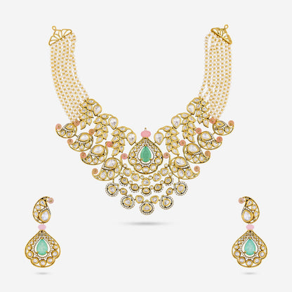 Kundan Polki Necklace Color Pink-Mint Polish Gold
