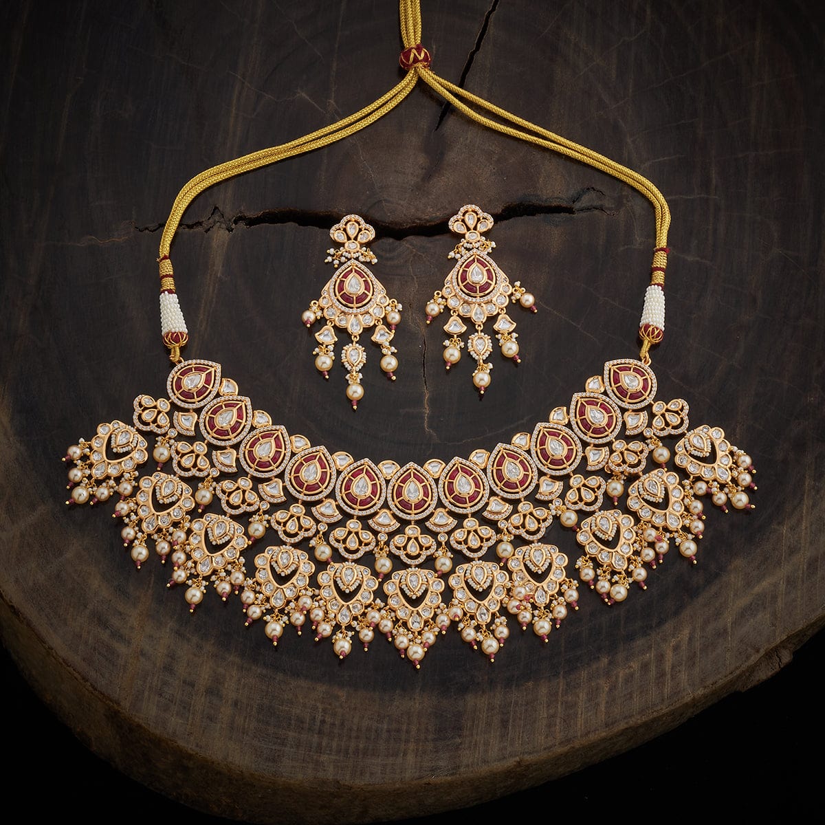 Kundan Polki Necklace Color Ruby Polish Gold
