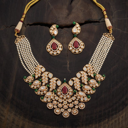 Kundan Polki Necklace Color Pink-Mint Polish Gold
