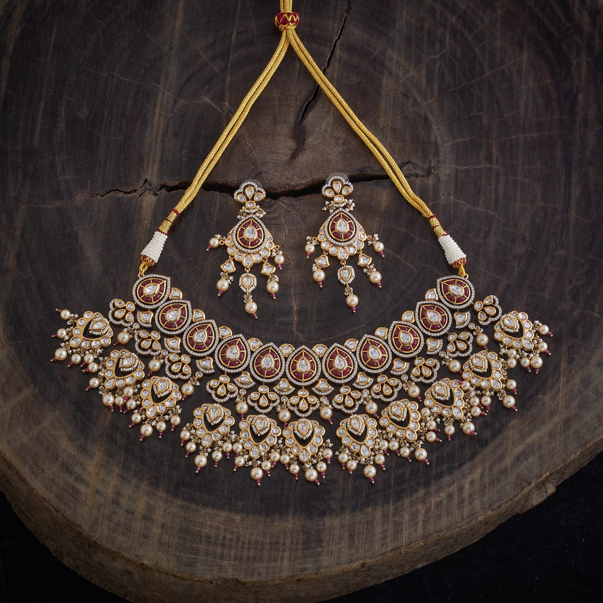 Kundan Polki Necklace Color Ruby Polish Gold