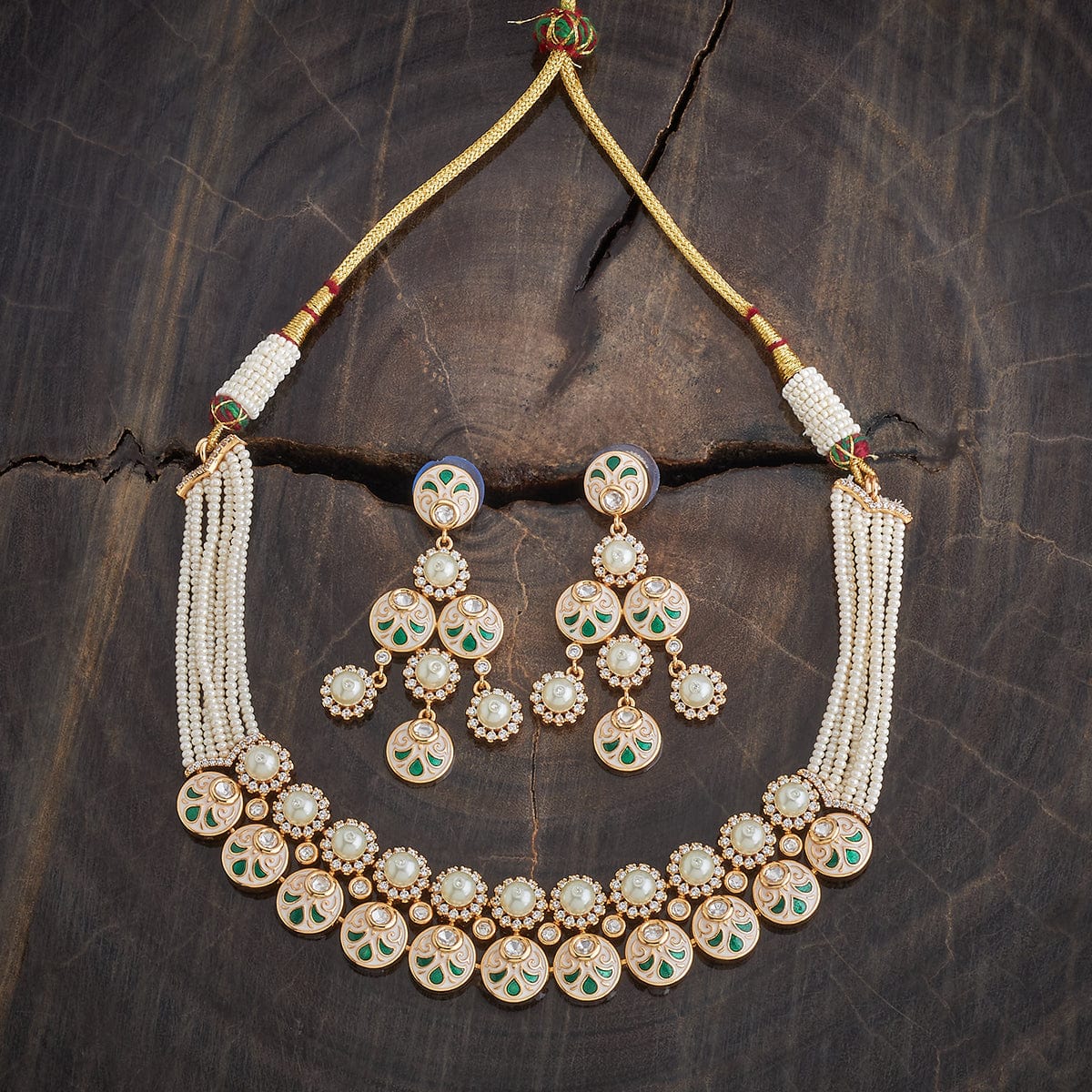 Kundan Polki Necklace Color White Meena Polish Ivory-Green