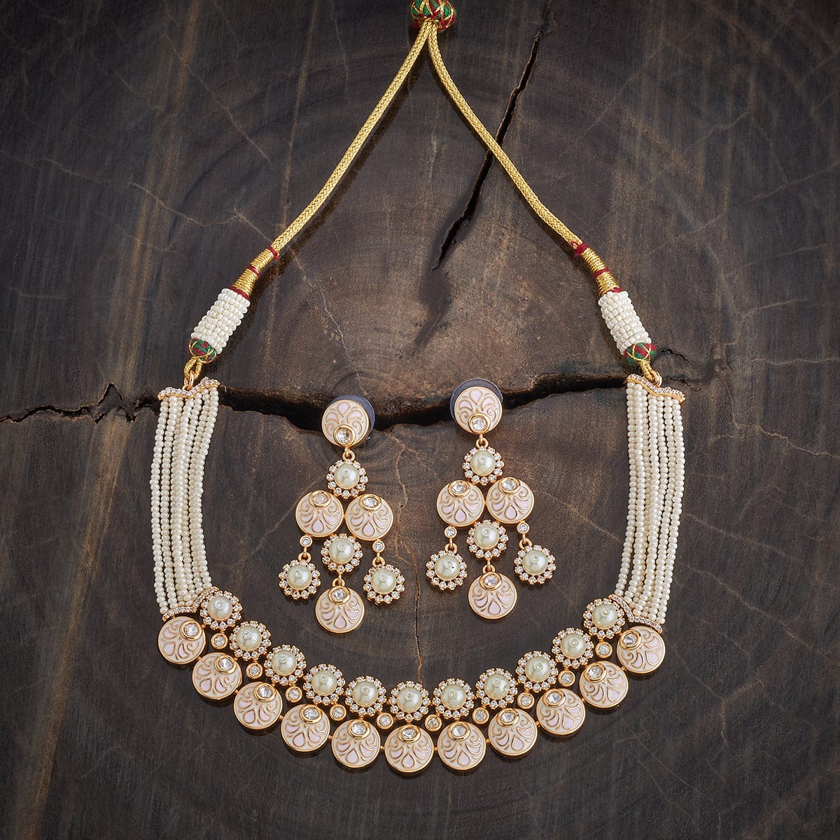 Kundan Polki Necklace Color White Meena Polish Ivory-Green