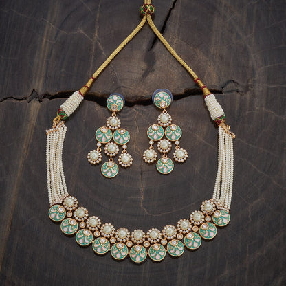 Kundan Polki Necklace Color White Meena Polish Ivory-Green